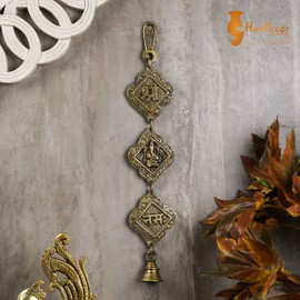 Two Moustaches Brass Shree Ganeshaya Namah Decorative Hanging Bells Standard Royal Yellow