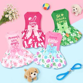 XPUDAC 4 Pack Mother's Day Dog Dress with Bowknot Cute Dog Clothes Puppy Skirt Bunny Egg Mommy Floral Holiday Pet Outfit for Girls, M
