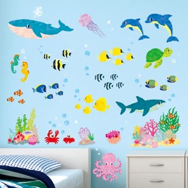 DECOWALL BA-2014S Sea Creatures in the Sea (Small) Wall Sticker Decor Kindergarten Nursery Kids Room DIY Wall Decal Sticker Wall Art Stickers Boys Girls Children Bathroom Decor Vinyl Bedroom Teen Kids