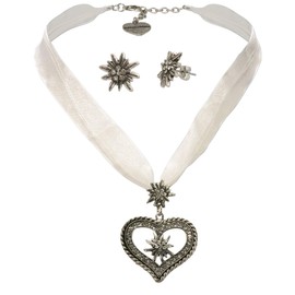 Alpenflüstern costume jewellery set, organza costume, necklace rhinestone, white heart and costume stud earrings, rhinestone edelweiss, women's costume jewellery set, necklace and costume earrings, SET043., Base Metal