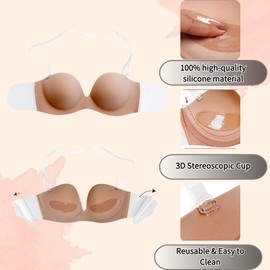 JUST BEHAVIOR Adhesive Bra Strapless Sticky Invisible Push up Silicone Bra for Backless Wedding Dress Beige A Cup