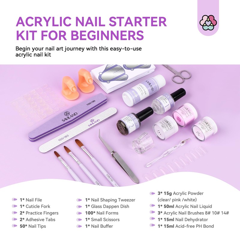 SAVILAND Acrylic Nail Kit for Beginners: White Pink Clear Acrylic