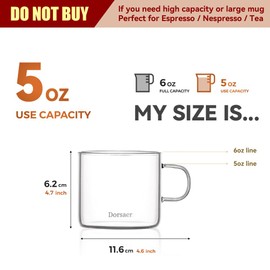 Dorsaer 5oz Modern Glass Coffee & Tea Cups Set of 4 - Clear Espresso Cups with Handle, 150ml Nespresso Compatible, Perfect for Tea Lovers, Small Glass Mugs for Espresso, Milk, Juice