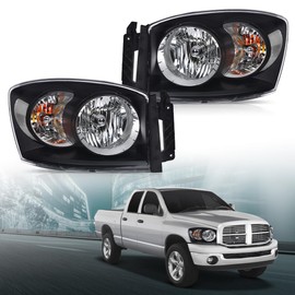GRAND ORANGE Headlights Assembly w/Bulbs Left and Right Side Compatible with Dodge Ram 1500 Truck 2006-2008 Fit for Dodge Ram 2500 3500 Truck 2006-2009 Clear Lens Black Housing Clear Reflector