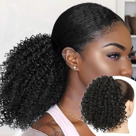 Lommel Ponytail Extension,10 Inch Ponytail Extension for Black Women Curly Drawstring pony tails hair extensions for Women Afro Kinky Curly Hair Pieces for Daily Use(Jet Black)