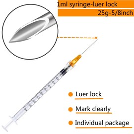 100 Pack - 1ml 25 Gauge 5/8 Inch Syringe Lab Supplies, Individually Sealed Packaged