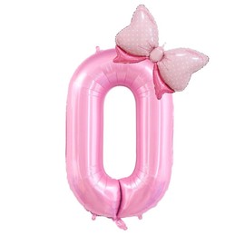 40 Inch Pink Number 0 Balloons With Mini Bow Balloons, Birthday Party Decorations for Girls, Pink Theme Party Supplies, Butterfly Party Decorations. (Pink 0)