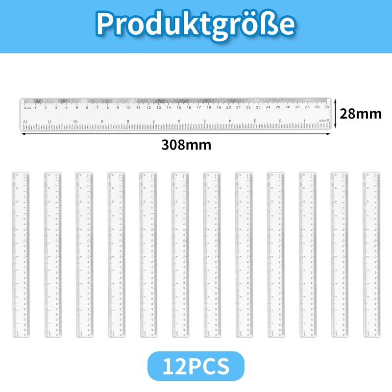 Ruler 30 cm, Pack of 12 Transparent Rulers for School
