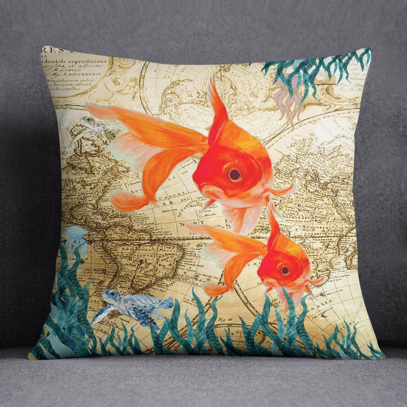 S4Sassy Decorative Mediterranean Style Ocean Goldfish Print Square Pillow Cover