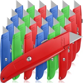 Reginary 30 Pcs Box Cutter Bulk Retractable Blade Utility Knife Heavy Duty Aluminum Alloy Razor Shell Knife Razor Knife for Cartons, Cardboard and Boxes, DIY, Factory, Home (Red, Green, Blue)