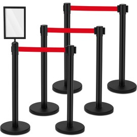 Therwen 6 Pack Heavy Duty Crowd Control Stanchions 9.8 ft Stainless Steel Stanchion Set with 6 Safety Barrier Post Retractable Belt and 1 Sign Holder Crowd Control Barrier(Red Belt,Black)