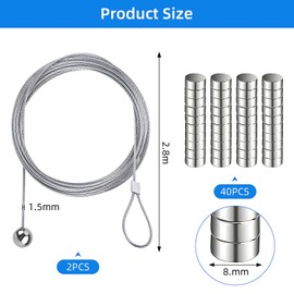 Hejo Pack of 2 Photo Ropes, 280 cm x 1.5 mm Photo Wire Rope with 40 Magnets, Durable Photo Rope for Photo Hanging, Reusable Photo Wire for Postcard Hanging