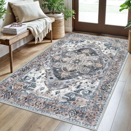 Siiloom 3x5 Ash Taupe Washable Rug for Living Room, Soft Boho Rug with Non-Slip, Low-Pile Vintage Floor Area Rugs for Entryway Nursery Bedroom Dining, Dorm Carpet with Non-Shedding