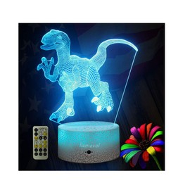Dinosaur Night Lights for Kids Christmas Gift Birthday Timer Dino Toy 3D Illusion Lamp Dino Gifts for Boys Home Bedroom Party Supply Decoration 7 Color Blue Remote