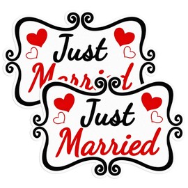 2 PCS Large Just Married Car Decorations, 13.9 x 8.8 Inch Self-Adhesive Wedding Car Door Signs, Waterproof Honeymoon Decal DIY Decor for Vehicle Bumper Tailgate Windshield (Red)
