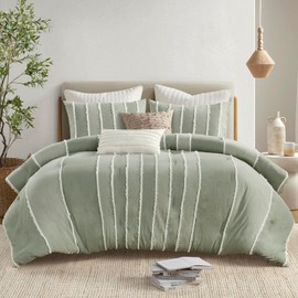 INK+IVY Queen Comforter Set Boho Comforters Stripes, Clipped Jacquard, Cotton Comforter for Queen Size Bed, All Season Poly Fill Lightweight Queen Bedding & Shams, Shay, Full/Queen, Sage 3 Piece