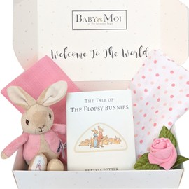 New Baby Girl Gift Box Flopsy Bunny Beatrix Potter 5 Piece Newborn Girl Gift Set Baby Socks, Flopsy Soft Toy, 2 Muslins Baby Shower Present Mum to Be Gift (Girl)