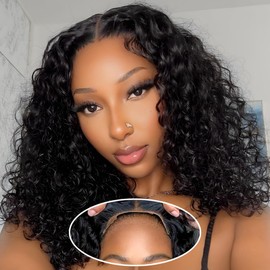 Glueless Wigs Human Hair Pre Plucked Pre Cut, Short Curly Deep Wave Lace Front Wigs Human Hair, 180% Density Wear and Go Glueless Bob Wig Human Hair for Women 16 Inch Natural Black
