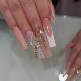BABALAL Butterfly Press on Nails Long Square Fake Nails Pink French Tip Glue on Nails 24Pcs Bling Rhinestone Acrylic Nails Squoval Full Cover False Nails Luxury Nails on