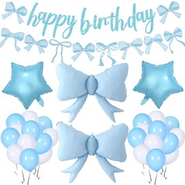 Blue Bow Birthday Party Decorations, Girl Bow Birthday Decortions, Glitter Bow Happy Birthday Banner Bow Balloons for Girls Women Birthday Party Decorations Supplies