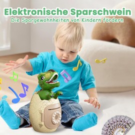 Dino Ei Dinosaurier Spardose Kinder Jungen Sparschwein Groß XXL Passwortschutz mit Kinderlieder und Englische Muster, Dinosaurier Spielzeug ab 3 4 5 6 7 8 Jahre Einschulung Geburtstag Geschenk Junge