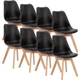 OLIXIS Dining Chairs Set of 8 Kitchen Mid Century Modern Chairs with Wood Legs and PU Leather Cushion for Living Room Bedroom Outdoor Lounge, Black