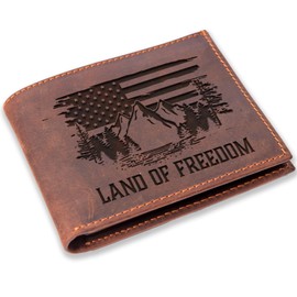 American Land of Freedom Leather Bifold Wallets for Men, 4th of July Wallets for Men, USA Flag Leather Wallets, Wallet Gifts for Men, Mens Leather Wallets