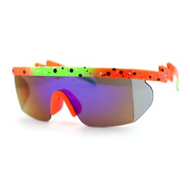 Flat Top Crooked Bolt Arm Goggle Style Color Mirror Shield 80s Sunglasses (Green Orange Blue Mirror)