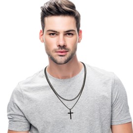 RWQIAN Cross Chain Men's Cross Chain Stainless Steel Silver/Gold/Black Layered Cross Chain Cuban Necklace with Cross Pendant Christian Cross Jewellery Gifts for Men, Stainless Steel