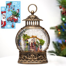 Christmas Snow Globe Lantern Swirling Glittering Holy Family Scene Manger Magi with Music, USB Lined or Battery Operated Lighted Lantern for Christmas Festival Decoration Gifts