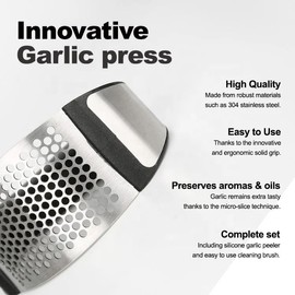 VisionaryVibe Outlet Stainless Steel Garlic Press Rocker - Garlic Mincer - Garlic Crusher - Garlic Chopper - Ginger Crusher, Silver Black