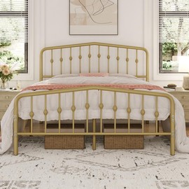 Yaheetech Queen Bed Frames Metal Platform Bed with Victorian Style Headboard/Wrought Iron/Easy Assembly/No Box Spring Needed/Antique Gold Queen Bed