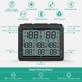 ORIA Indoor Outdoor Thermometer, Digital Hygrometer Thermometer with 3 Wireless Sensors, Temperature Humidity Monitor Meter with LCD Backlight, for Home, Office, Bedroom, Black