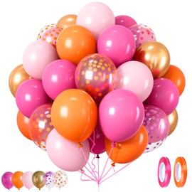 Birthday Balloons, Pack of 80, Pink Orange Balloons, 12 Inch Helium Fuchsia Pink Balloons with Confetti for Girls Women Wedding Jga Baby Shower Children's Birthday Decoration Party Decoration