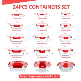 KOMUEE 24 Pieces Glass Food Storage Containers Set,Glass Meal Prep Containers -Stackable Airtight Glass Storage Containers with lids, Freezer to Oven Safe,Red