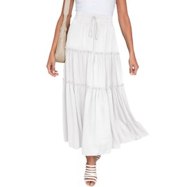 NASHALYLY Skirts for Women Boho Elastic Waisted Drawstring Swing Ruched 3 Tiered Maxi Skirt with Pockets(White,S)