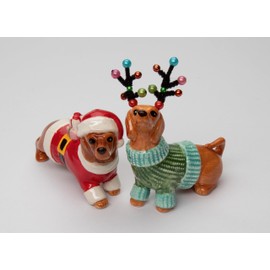Fine Ceramic Christmas Holidays Dachshund Salt & Pepper Shakers Set, 4-3/8" L