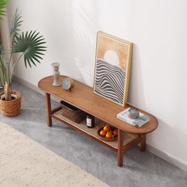 Tiita TV Stand with Storage for TV up to 65 inch, Bamboo Rattan TV Console Entertainment Center with 2 Open Shelf, Mid Century Modern Media Console for Living Room, Bedroom, Walnut