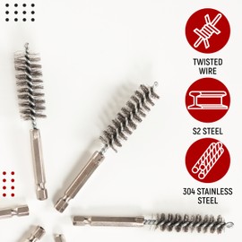 6PCS Copper Tube Pipe Cleaner, 304 Stainless Steel Bore Brush, Twisted Wire Drill Brush, 1/4 Inch Hex Shank S2 Steel Handle