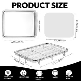 Large Air Fryer Basket for Oven, OvenCrisp 15.6" X 11.6" Air Fryer Basket and Tray Set With 30PCS Parchment Papers, Stainless Steel Air Fryer Pan and Crisper Tray for Frying or Baking
