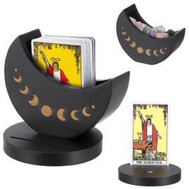 JUXYES Wooden Tarot Card Box with Tarot Card Stand, Moon Phase Daily Oracle Card Organizer, Tarot Deck Display Box Witch Divination Tools for Display Daily Fortune Telling Cards
