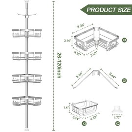 Clothink Corner Shower Caddy Tension Pole 4 Tier Rustproof Bathroom Organizer Shelves for Inside Shower Bathtub Shampoo Storage,26 to 120 Adjustable Standing Rack with Towel Rack