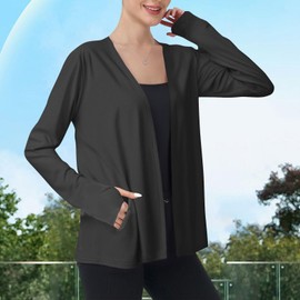 Delicate Thumb Button Sun Protective Suits for Women Stylish Pure Color Round Neck Lightweight Outfits Outside Black