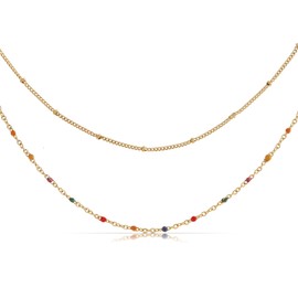 Made by Nami Double Row Pearl Necklace Layered Necklace Women's Gold with Colourful and Golden Beads Made of Surgical Stainless Steel 40 + 5 cm Boho Jewellery Women's Hypoallergenic & Waterproof
