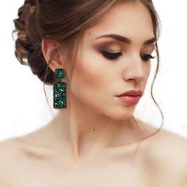 Flyonce Statement Drop Earrings Green Rhinestone Crystal Rectangle Geometric Dangle Earrings Chandelier Costume Jewelry
