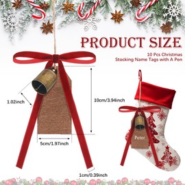 Hungdao 10 Pcs Christmas Stocking Name Tags with Pen Wood Hanging Tag with Red Twist Tie Bow and Bell Farmhouse Name Tag for Christmas Stocking Home Xmas Hanging Decor