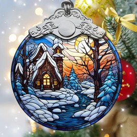 Village Scene Ornament, Winter Landscape Stained Glass Ornament, Stained Glass Town Ornament, Landscape Holiday Ornaments 2024, Christmas Eve House Stained Glass Ornament Gift Xmas