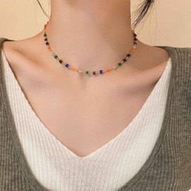 Cybche Vintage Colorful Crystal Choker Necklace Rainbow Bead Cz Necklace Multi Crystal Baguette Necklace Multi Color Gemstone Necklace Sparkling Crystal Collar Necklace Jewelry for Women