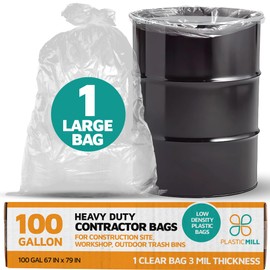PlasticMill Contractor Bags Heavy Duty - Commercial, Industrial Garbage Bags - Clear Construction Trash Bags - Outdoor, Garden Trash Bags, 100-Gallon, 3 Mil, 67"x79" (1-Count)