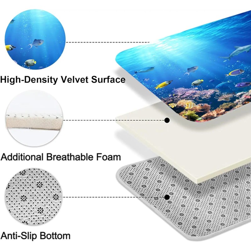 4-Piece Sunlight Sea Fish Ocean Theme Bathroom Set with Rugs